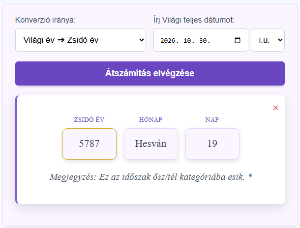 Zsidó és világi naptár dátum konvertáló naptár-box felhasználói felülete